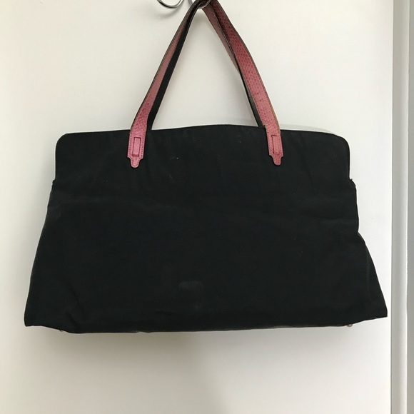 Kate Spade NY 14258 black nylon shoulder bag tote pink python leather straps - Picture 2 of 14